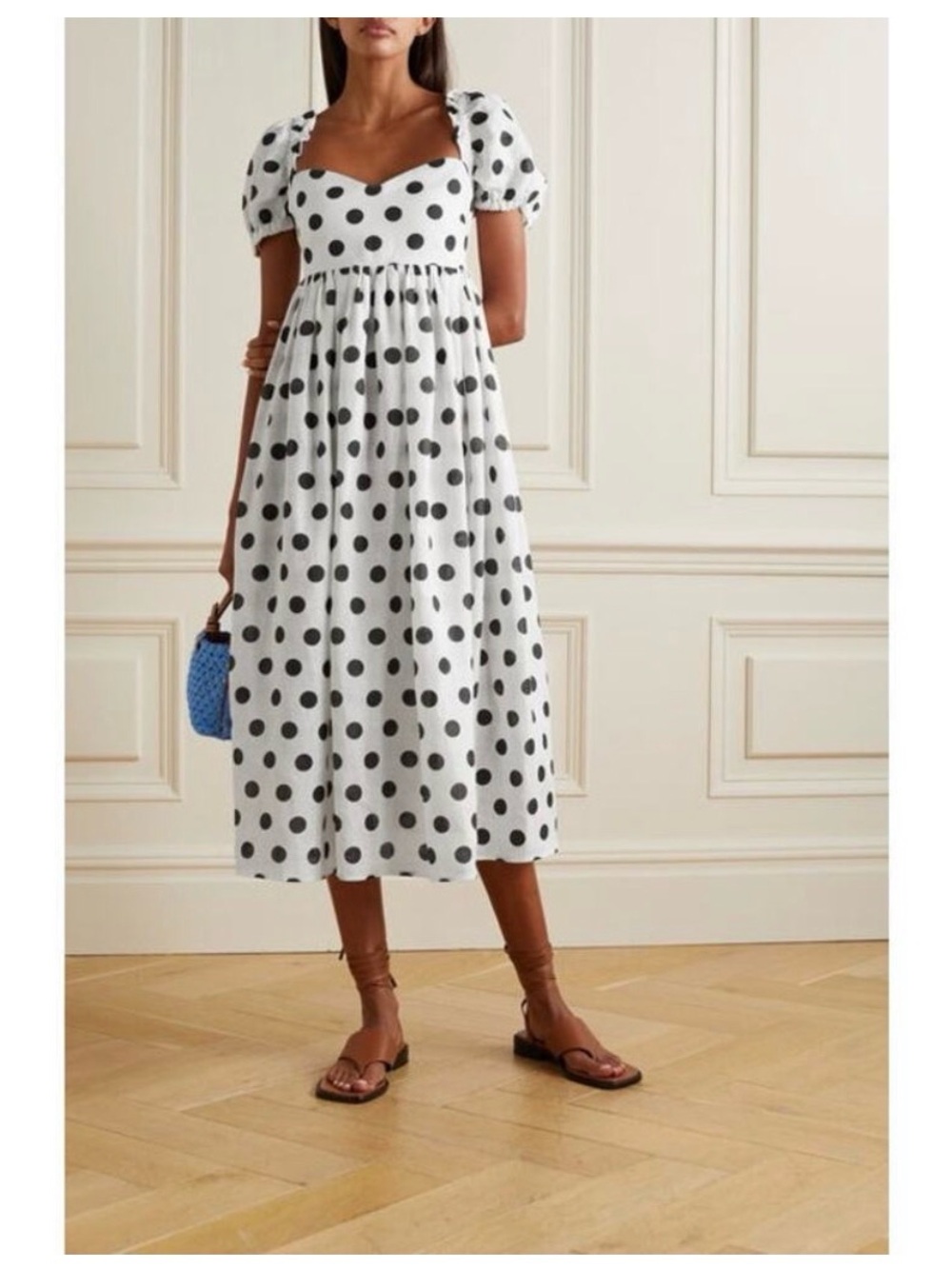Sleeper White Midi Dress with Black Polka Dots